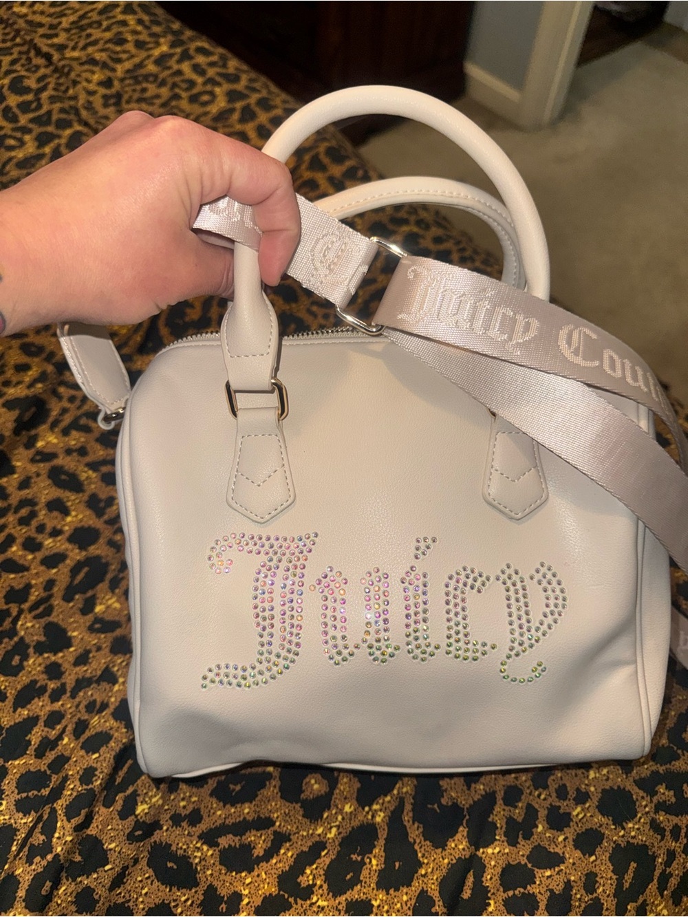 Juicy Couture White Satchel Purse with Crystal Logo